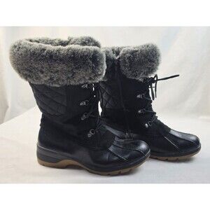Women's Black Faux Fur Trim Lace-Up Quilted Winter Snow Boots